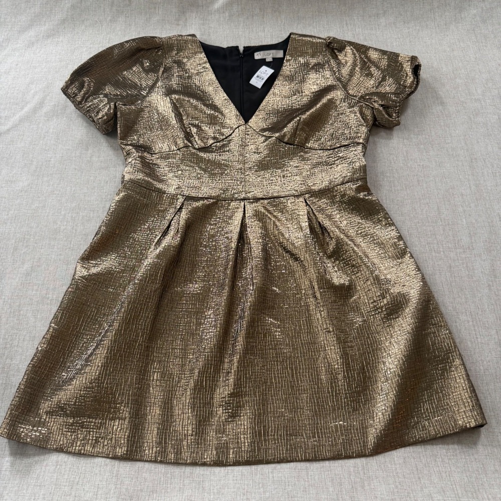 Loft Gold Metallic V-Neck Puff Sleeve Mini Dress Size 16 NWT Holiday Party NYE